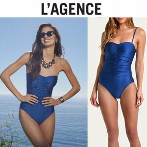 L'AGENCE Aubrey Ruched Shimmer One-Piece Blue Swimsuit, Large, $235 NWT